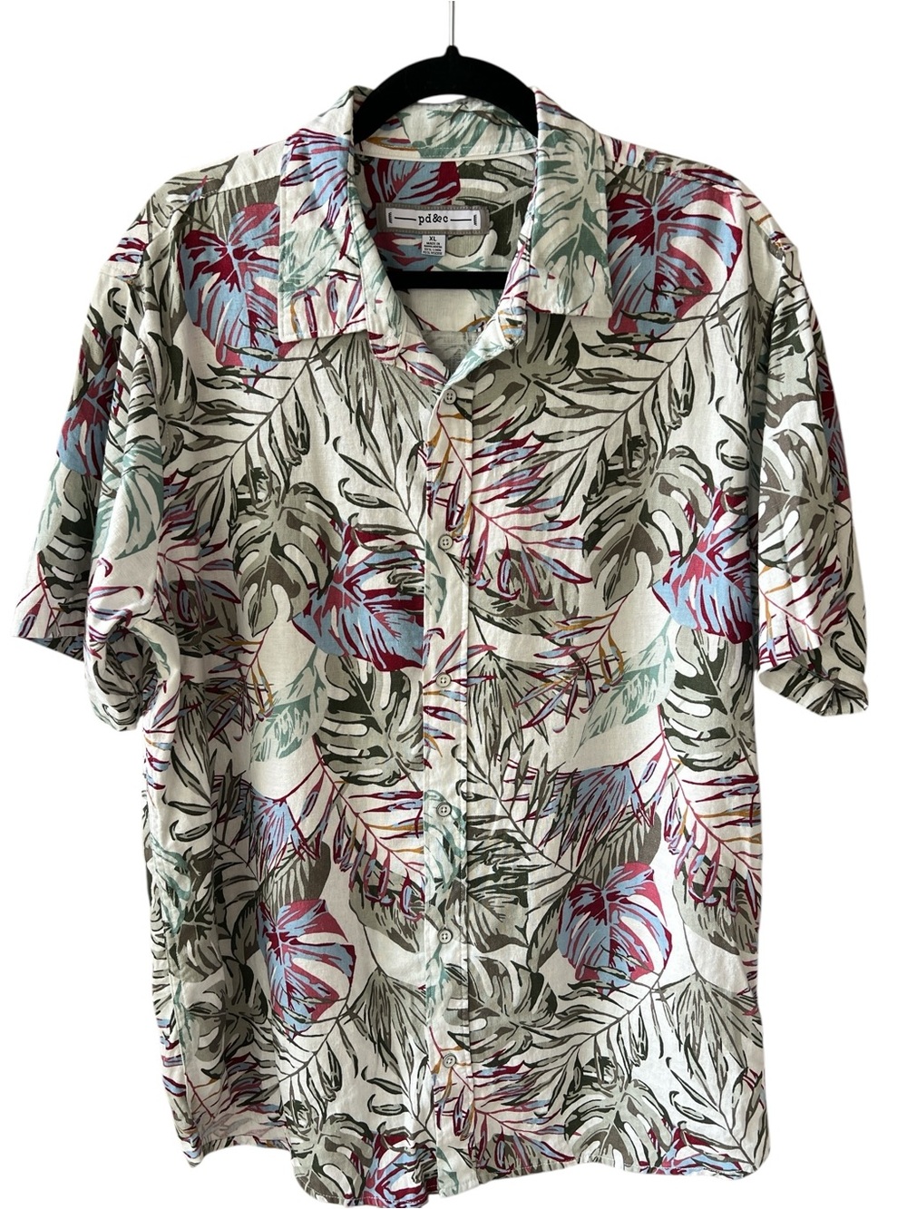PD&C White Tropical Leaf Short Sleeve Button-Down Shirt Linen Blend